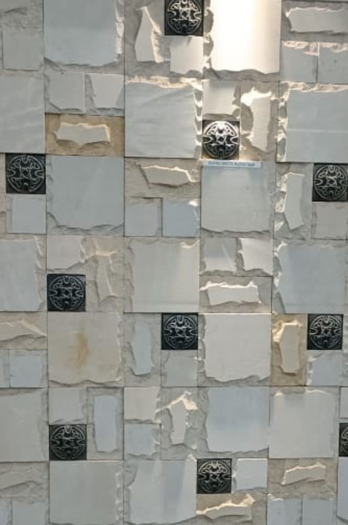 White Mint Sandstone with Brass metal Stone Mosaic Tile Interior Wall